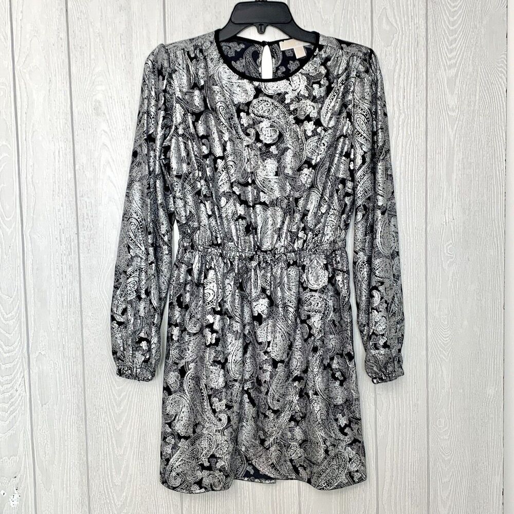 Michael Kors Silver Black Foil Paisley Long Sleeve Dress Size Small NWT